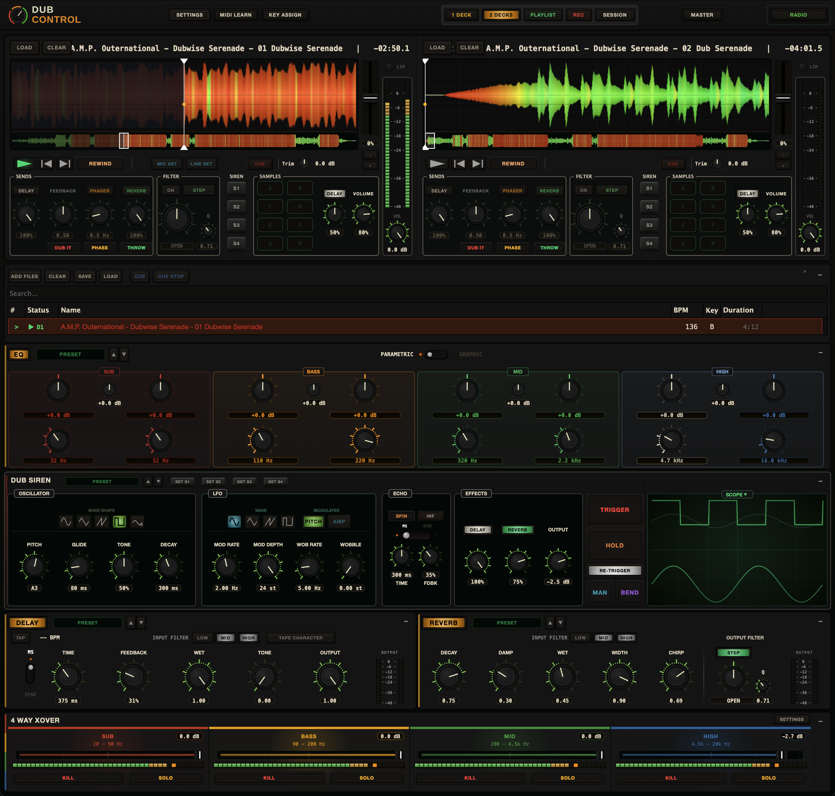 Dub Control with two decks loaded — waveforms, EQ, dub siren, delay, reverb and a 4-way crossover