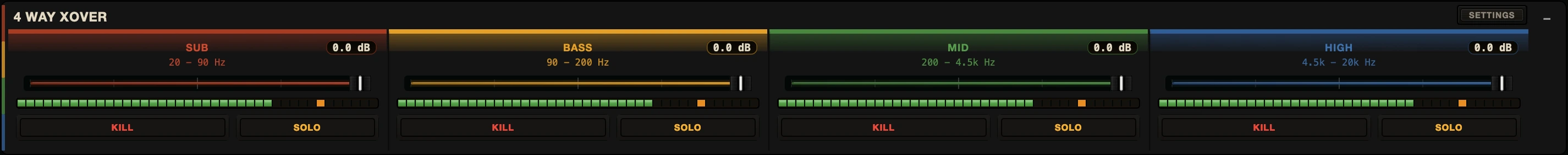 Dub Control 4-way crossover with SUB, BASS, MID and HIGH bands, kill and solo