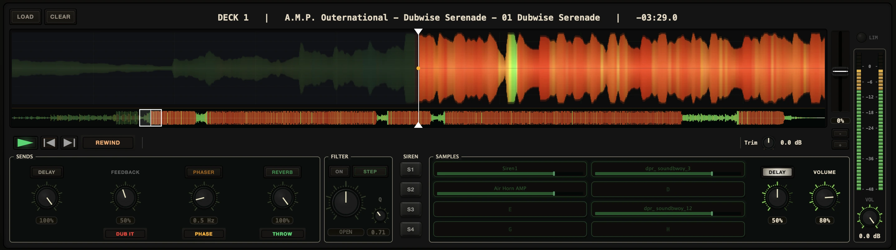 Dub Control deck with a tune loaded: two-tone waveform and overview strip, transport with REWIND, sends with DUB IT, PHASE and THROW, filter, siren triggers and sample pads