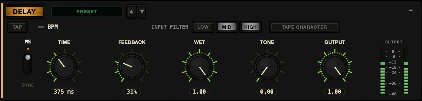 Dub Control tape delay panel with time, feedback, wet, tone and sync