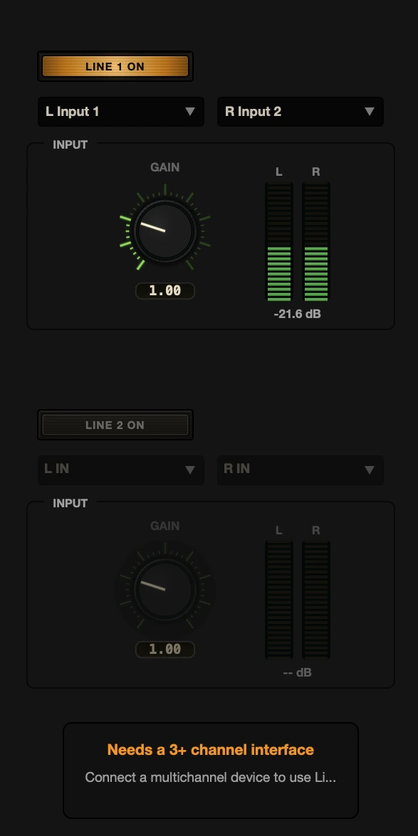 Dub Control stereo line input with L and R channel pickers, gain and metering