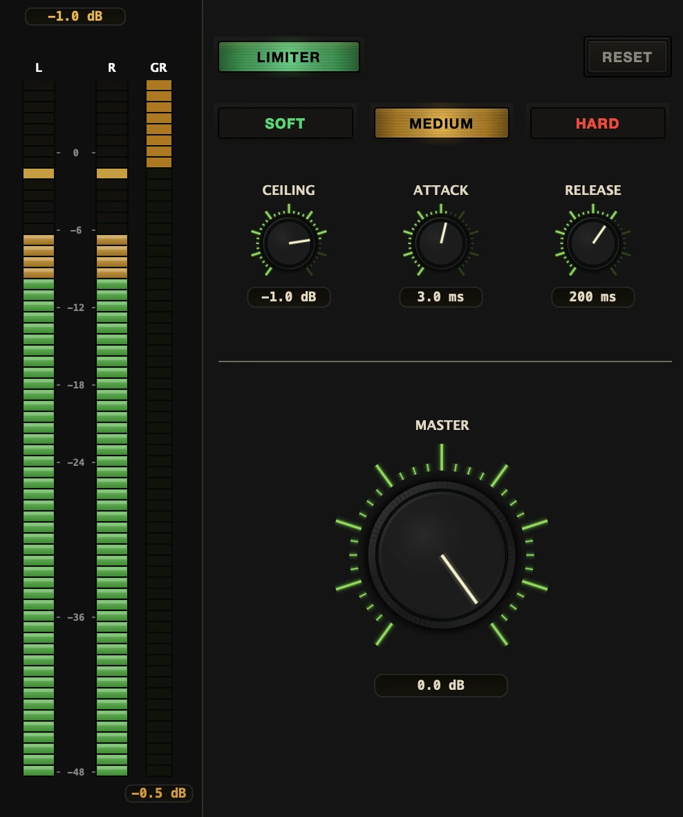 Dub Control master section with stereo VU and gain-reduction metering, brickwall limiter and master gain