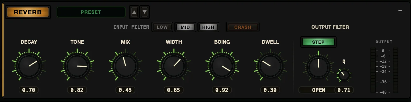 Dub Control ST 1 spring reverb panel with DWELL, BOING, DECAY, TONE, MIX, WIDTH, CRASH and input and output filters