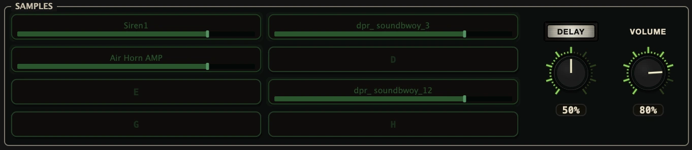 Dub Control sample pads A to H with sirens and horns loaded, green level fills, and the samples DELAY send and VOLUME