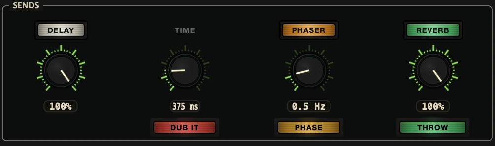 Dub Control per-deck sends: DELAY with time readout, PHASER rate and REVERB, with DUB IT, PHASE and THROW buttons