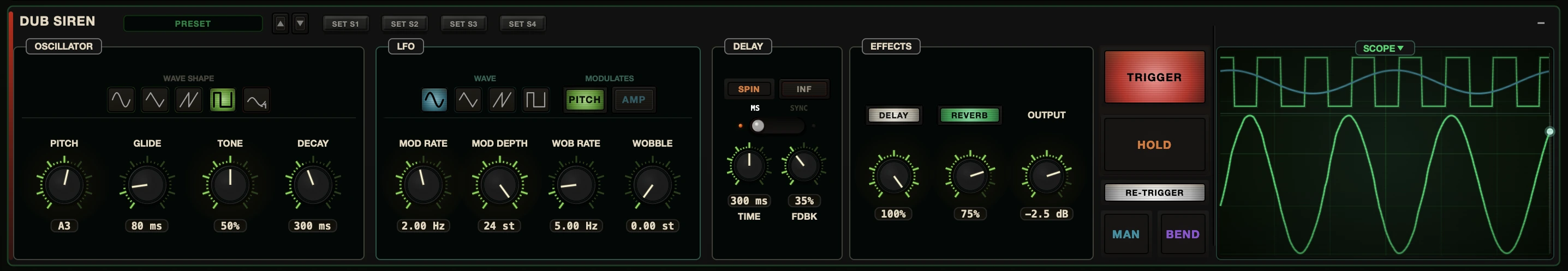 Dub Control dub siren panel with the DC 2 engine: oscillator wave shapes, pitch, glide, tone, decay, LFO modulation, sweep modes, echo, effects and a live scope