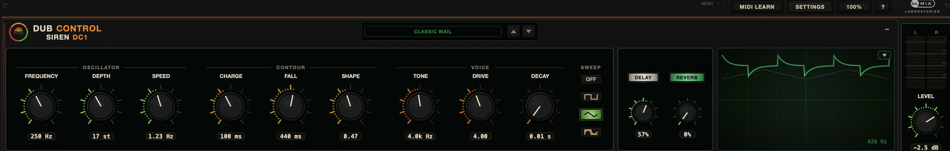 The DC 1 siren engine: FREQUENCY, DEPTH, SPEED, CHARGE, FALL, SHAPE, TONE, DRIVE and DECAY knobs, sweep waveform selector, delay and reverb sends, live scope and output level