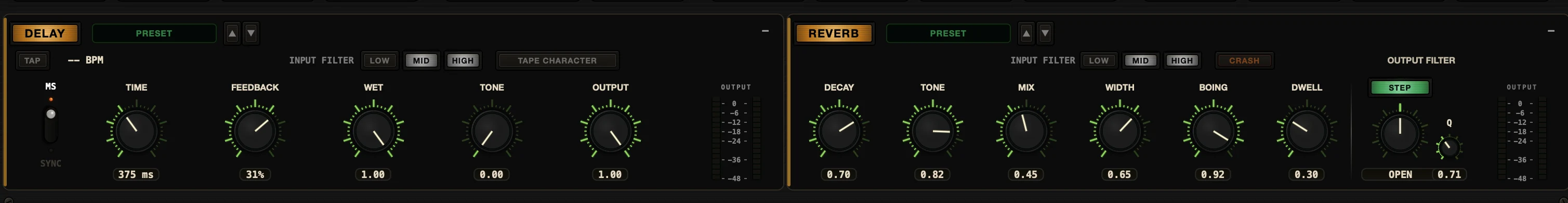 The Dub Control Siren effects: tape delay with time, feedback, wet, tone, input filter and tape character, and the ST 1 spring reverb with decay, tone, mix, width, boing, dwell and output filter