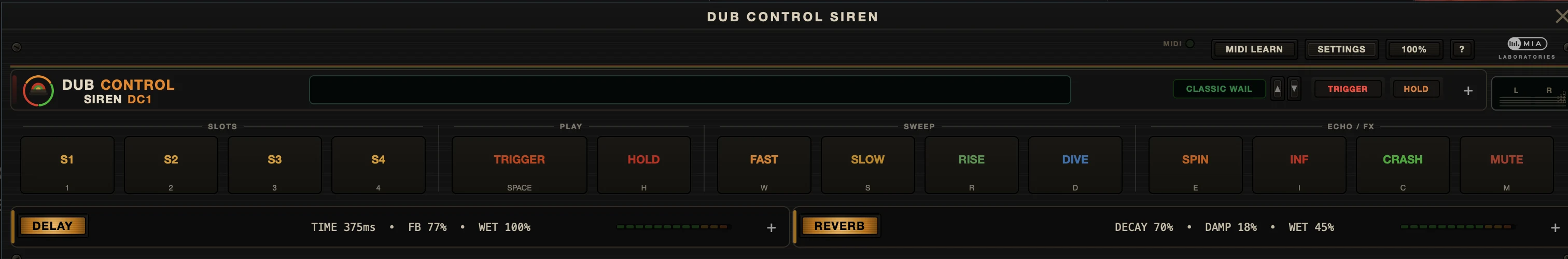 Dub Control Siren folded into its compact performance strip: pads, delay and reverb in one narrow window